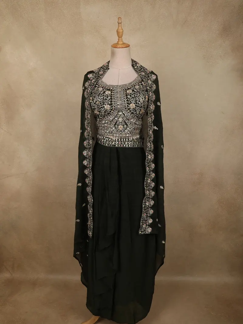 Classic Black Floral Zari Embroidered Design Georgette Indo Western Skirt Top  With Over Coat 1