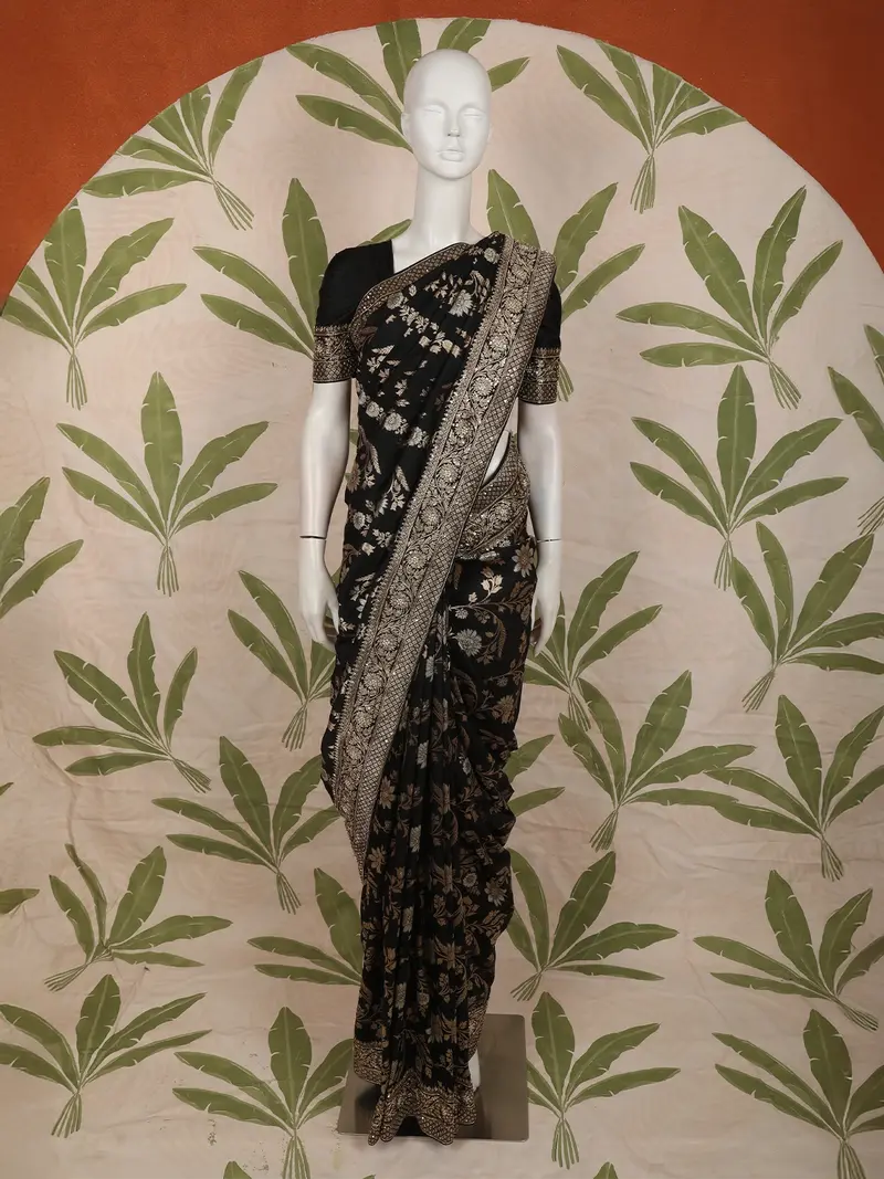 Classic Black Floral Zari Woven Design Pure Banarasi Silk Fancy Saree With Designer Border 1