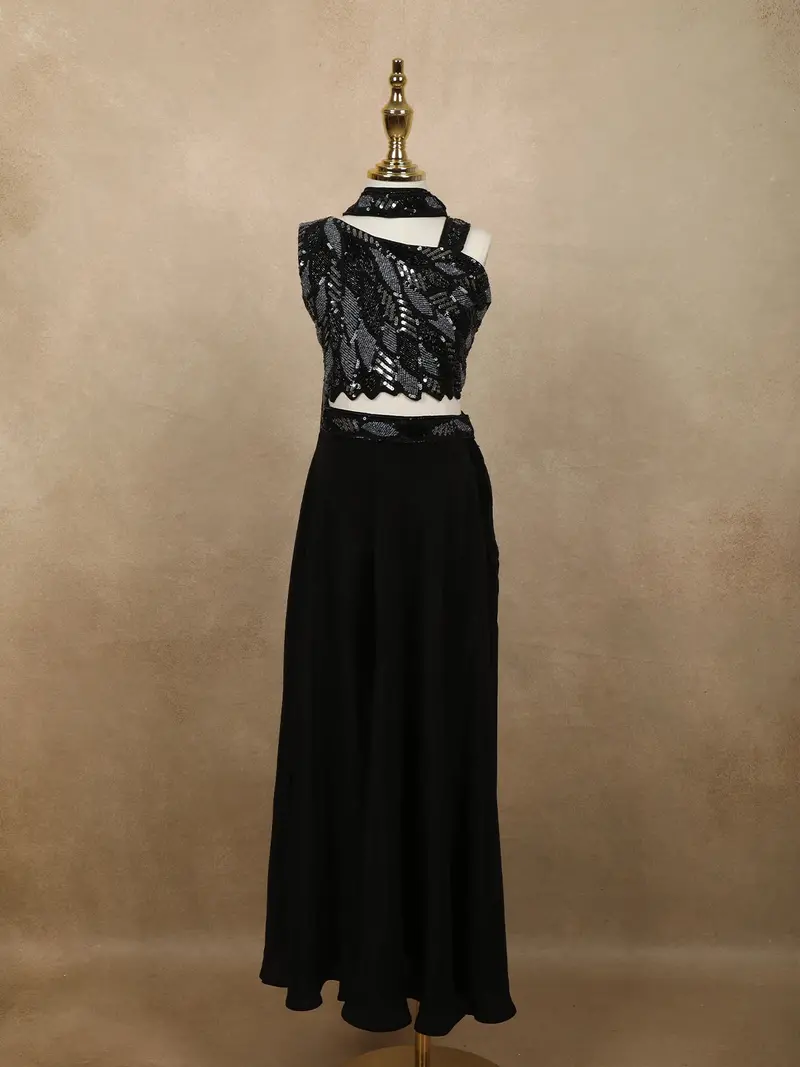 Classic Black Heavy Sequins And Beads Embroidered Design Satin Kids Palazzo Suit With Choker  Dupatta 1