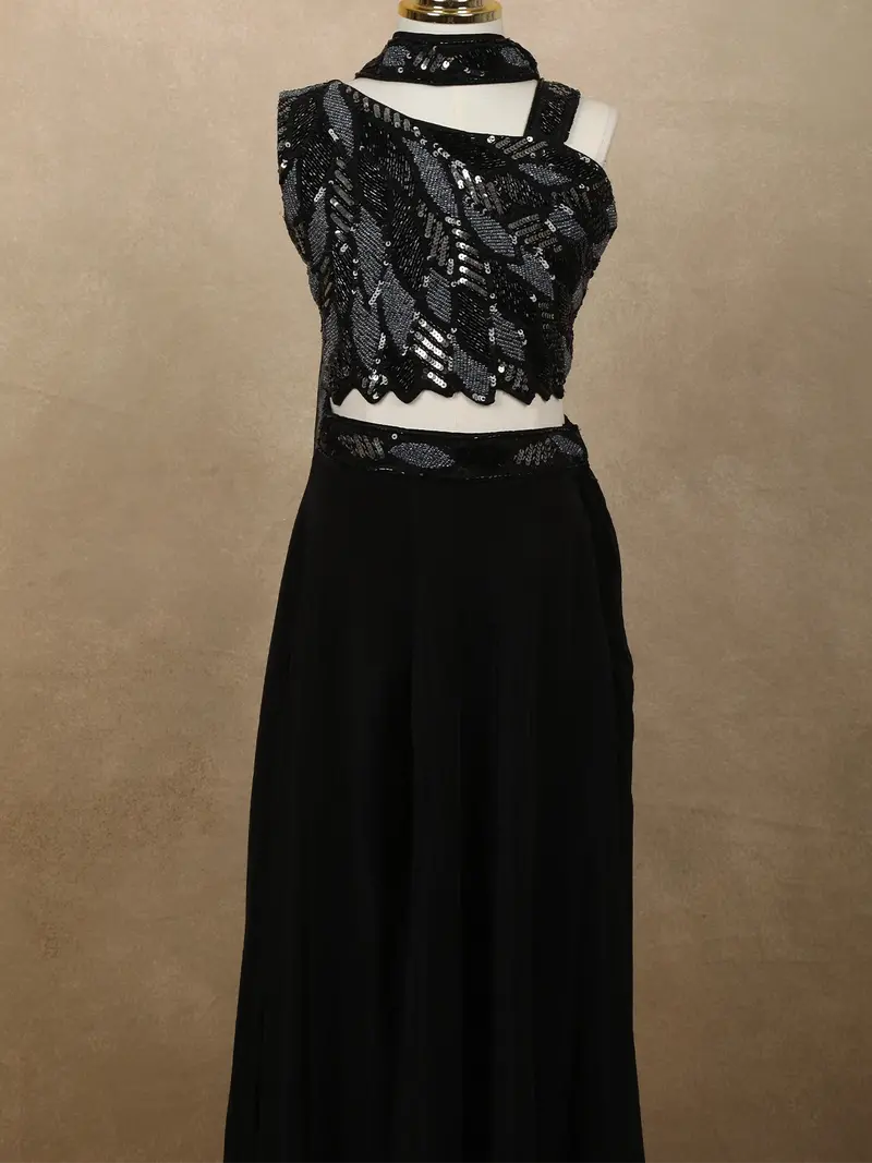Classic Black Heavy Sequins And Beads Embroidered Design Satin Kids Palazzo Suit With Choker Dupatta 2