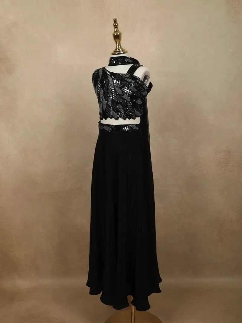 Classic Black Heavy Sequins And Beads Embroidered Design Satin Kids Palazzo Suit With Choker Dupatta 3