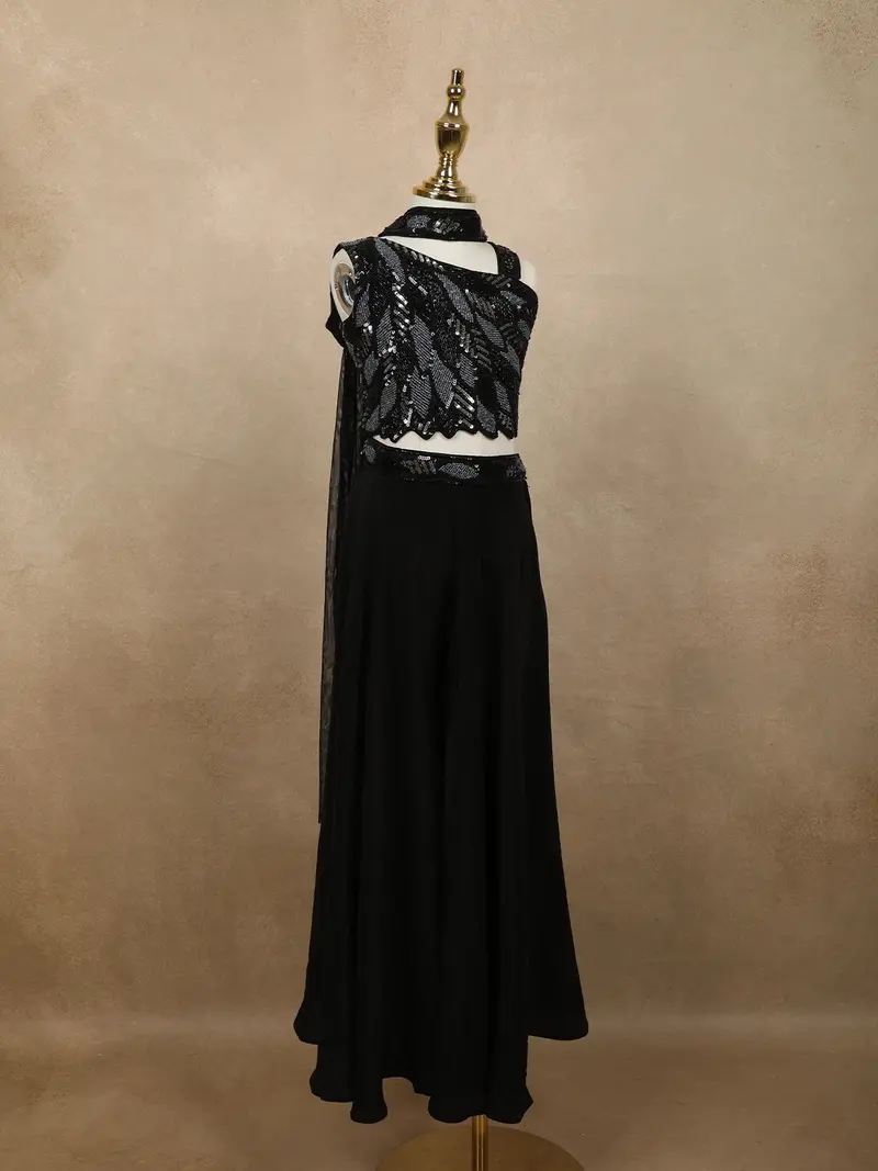 Classic Black Heavy Sequins And Beads Embroidered Design Satin Kids Palazzo Suit With Choker Dupatta 4