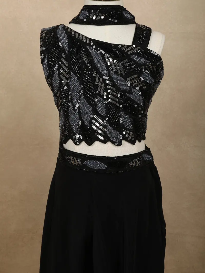 Classic Black Heavy Sequins And Beads Embroidered Design Satin Kids Palazzo Suit With Choker Dupatta 5