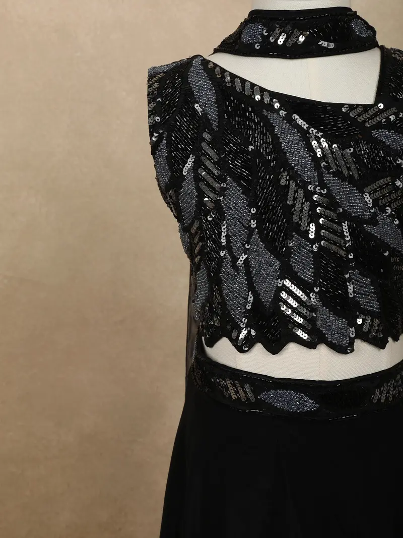 Classic Black Heavy Sequins And Beads Embroidered Design Satin Kids Palazzo Suit With Choker Dupatta 6