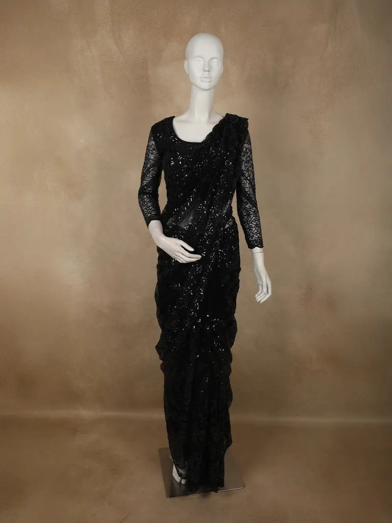 Classic Black Heavy Sequins Embroidered Design Net Designer Saree With Matching Blouse 1