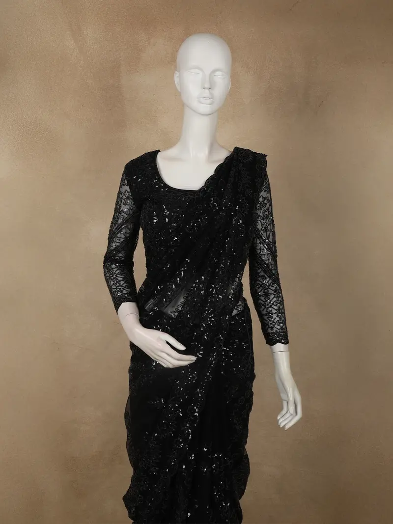 Classic Black Heavy Sequins Embroidered Design Net Designer Saree With Matching Blouse 2