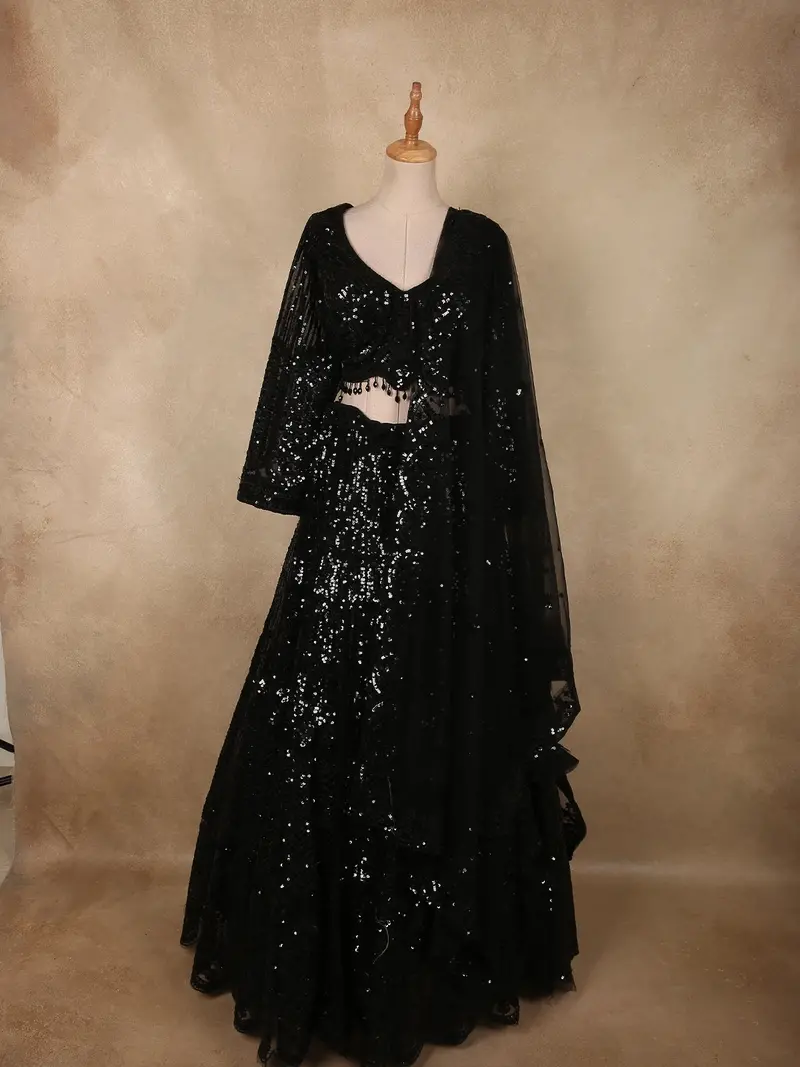 Classic Black Heavy Sequins Embroidered Design Net Lehenga With Net Dupatta 1