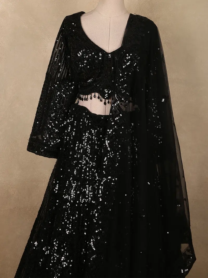 Classic Black Heavy Sequins Embroidered Design Net Lehenga With Net Dupatta 2