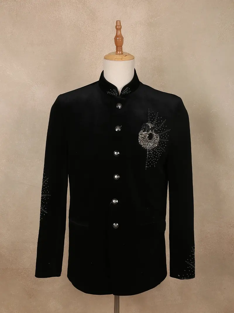 Classic Black Horse Motif Design Velvet Men's Suit 1