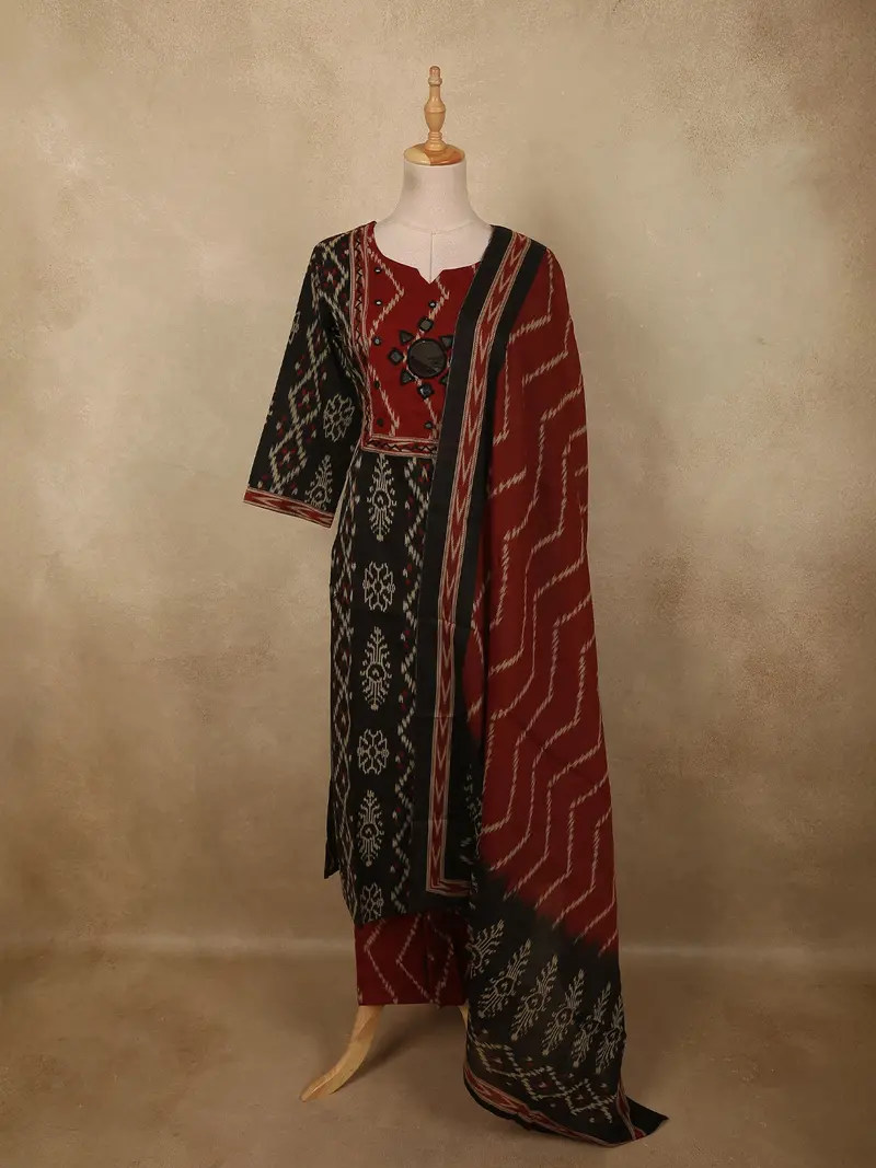 Classic Black Ikat Printed Design Cotton Straight Cut Salwar Suit With Contrast Dupatta 1