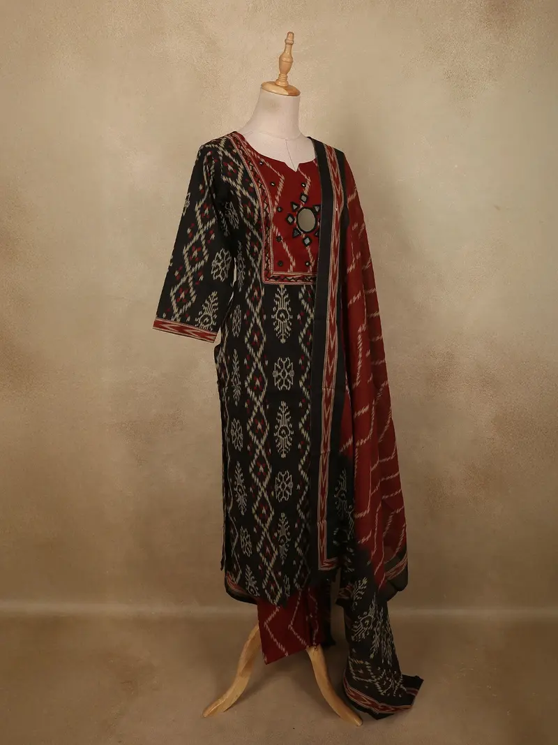 Classic Black Ikat Printed Design Cotton Straight Cut Salwar Suit With Contrast Dupatta 4