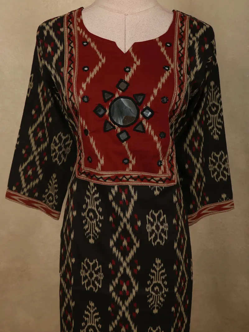 Classic Black Ikat Printed Design Cotton Straight Cut Salwar Suit With Contrast Dupatta 5