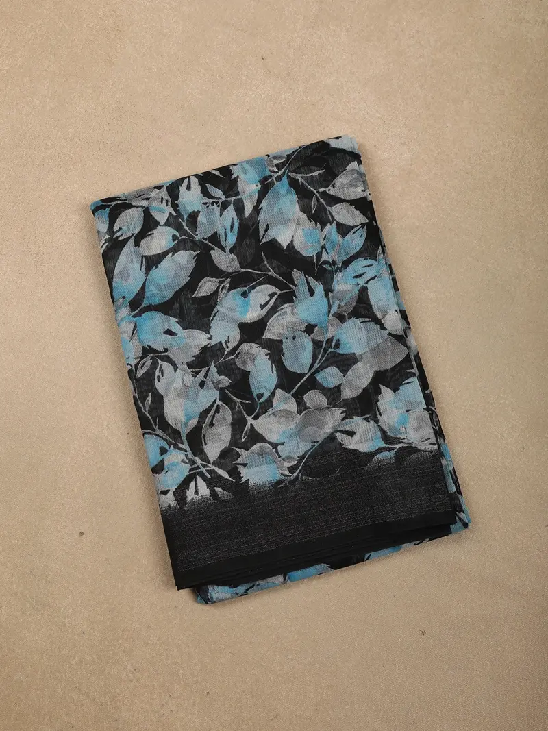 Classic Black Leaf Printed Design Linen Cotton Saree 1