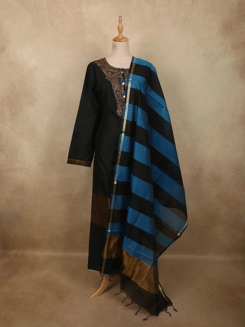 Classic Black Sequins And Beads Embroidered Design Cotton Salwar Suit With Dupatta 1