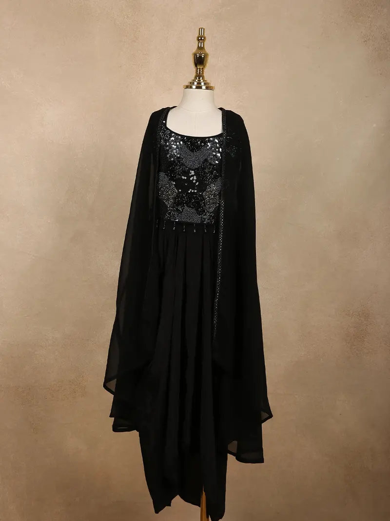 Classic Black Sequins And Beads Embroidered Design Georgette Kids Skirt And Top With Cape 1