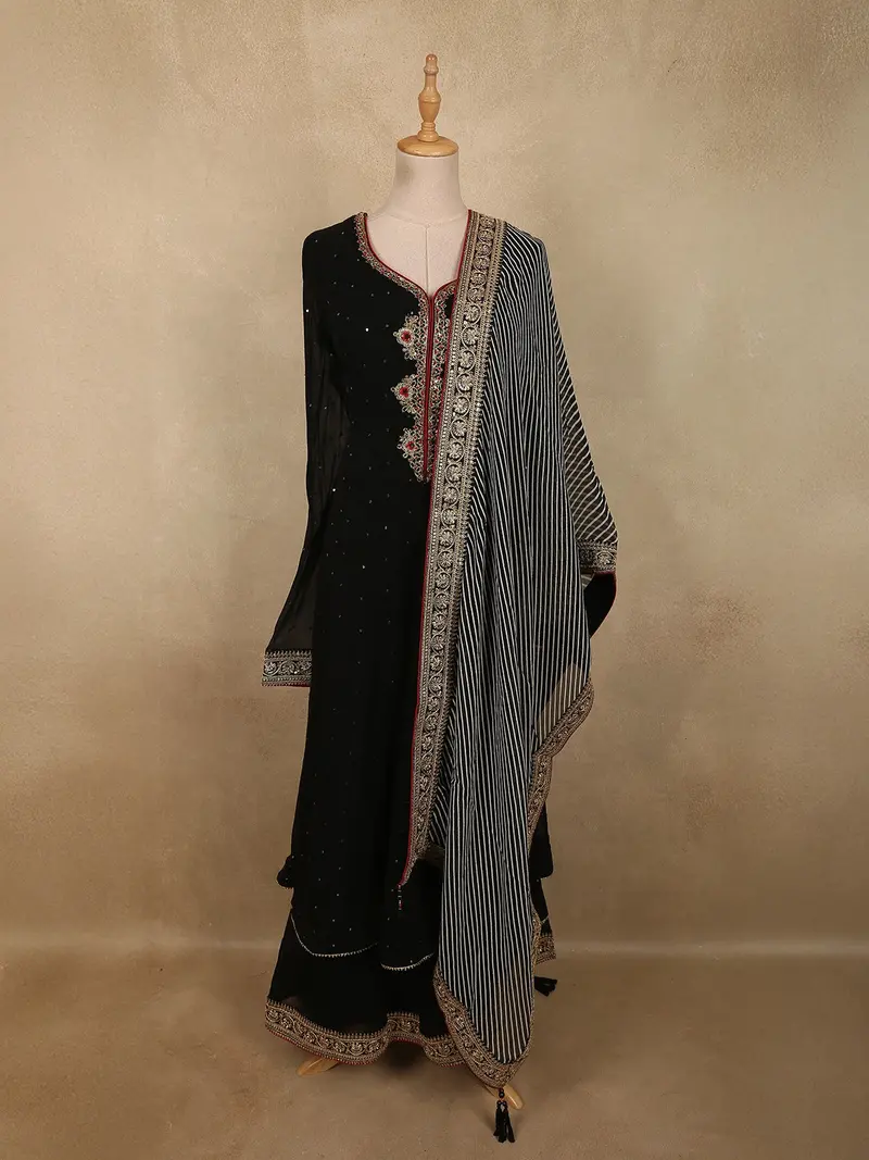 Classic Black Sequins And Beads Embroidered Design Georgette Palazzo Suit 1