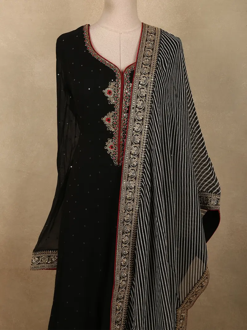Classic Black Sequins And Beads Embroidered Design Georgette Palazzo Suit 2