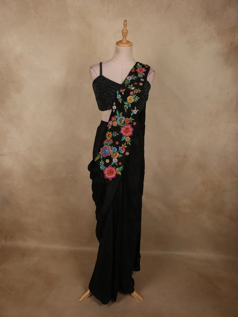 Classic Black Solid Design Satin Ready To Wear Draped Saree With Designer Blouse 1