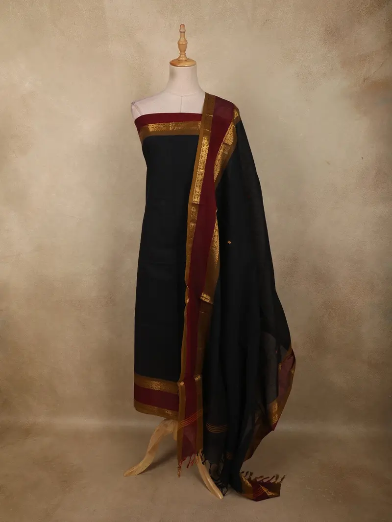 Classic Black Solid Woven Design Pure Cotton Unstitched Salwar Material With Zari Border 1