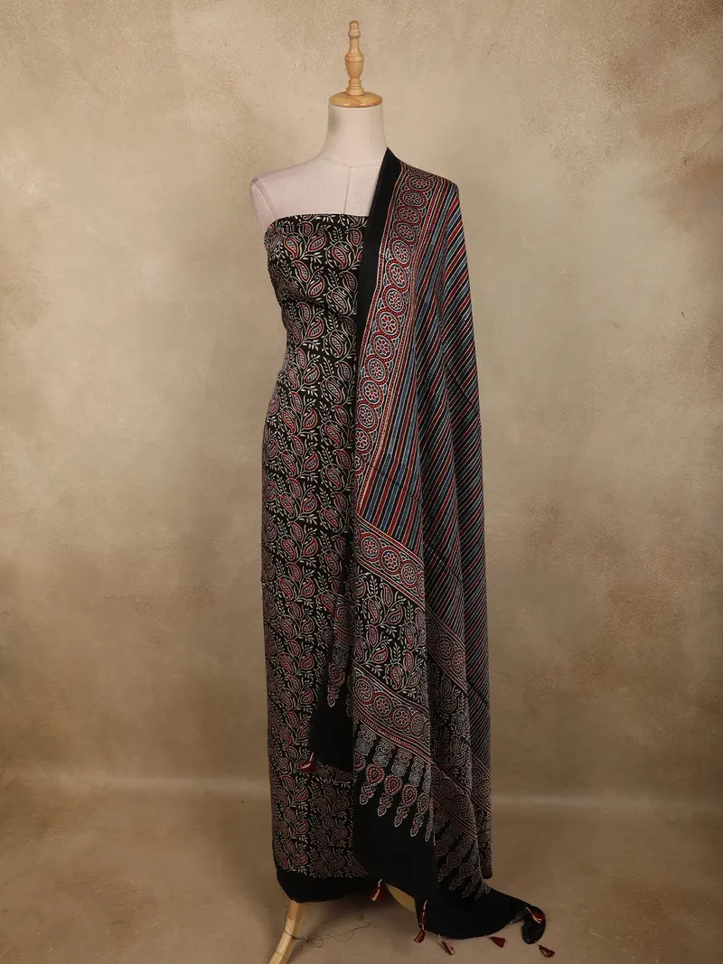 Classic Black Traditional Paisley Printed Design Cotton Unstitched Salwar Material With Dupatta 1