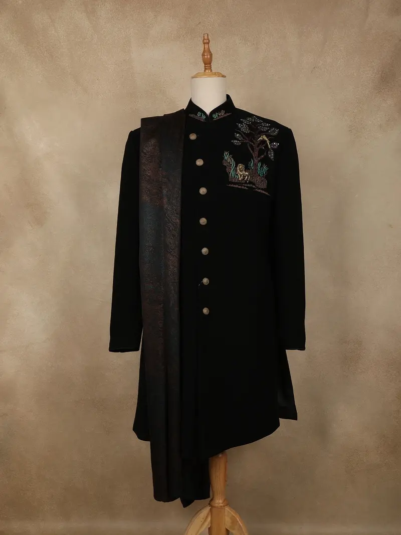 Classic Black Tree Motif Thread Embroidered Design Polynosic Men's Sherwani Suit 1