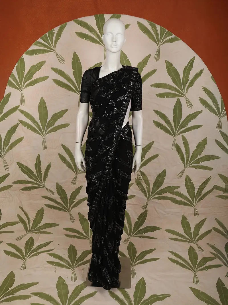 Classic Black Zig Zag Sequins Embroidered Design Chiffon Fancy Saree With Designer Border 1