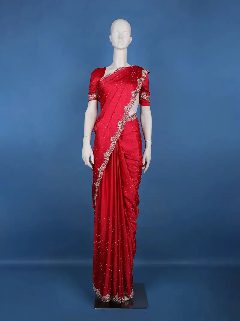 Classic Bridal Red Stone Embellishment Satin Saree 1