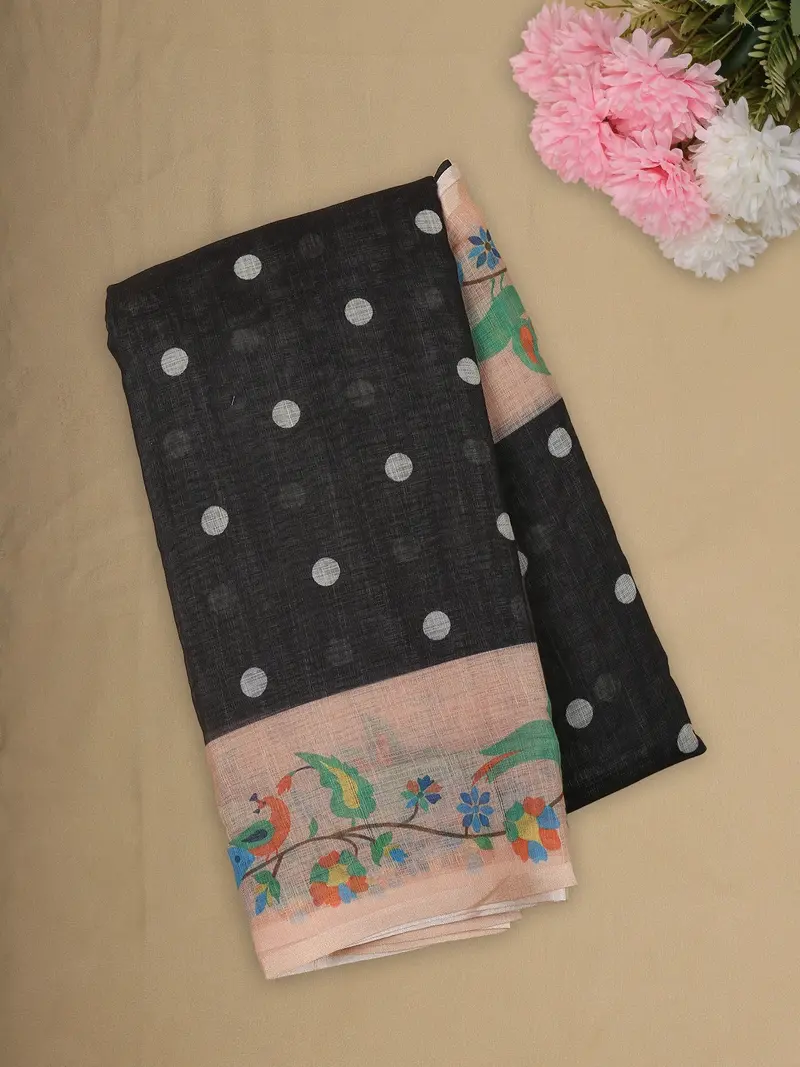 Classic Charcoal Black Dots Printed Design Linen Cotton Saree With Contrast Floral Border 1