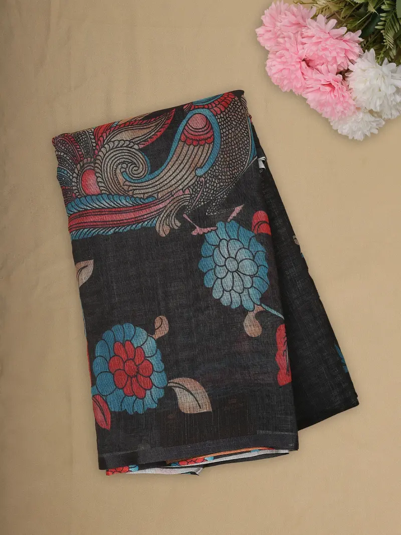 Classic Charcoal Black Floral And Paisley Printed Design Linen Cotton Saree 1