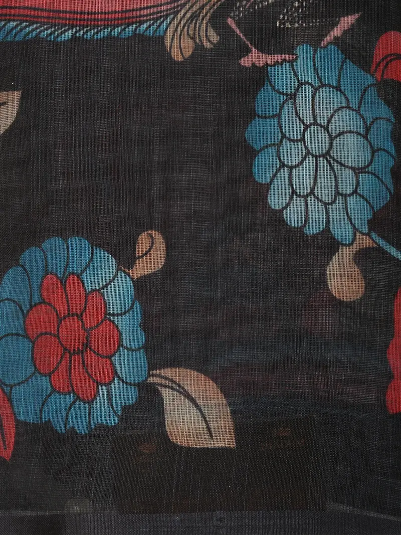 Classic Charcoal Black Floral And Paisley Printed Design Linen Cotton Saree 2