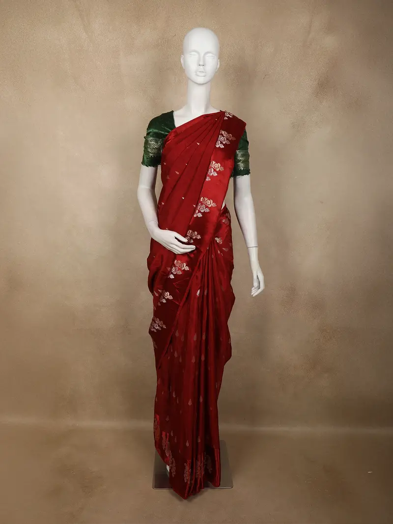 Classic Crimson Red Leaf Butta Zari Woven Design Semi Banarasi Silk Saree With Floral Border 1