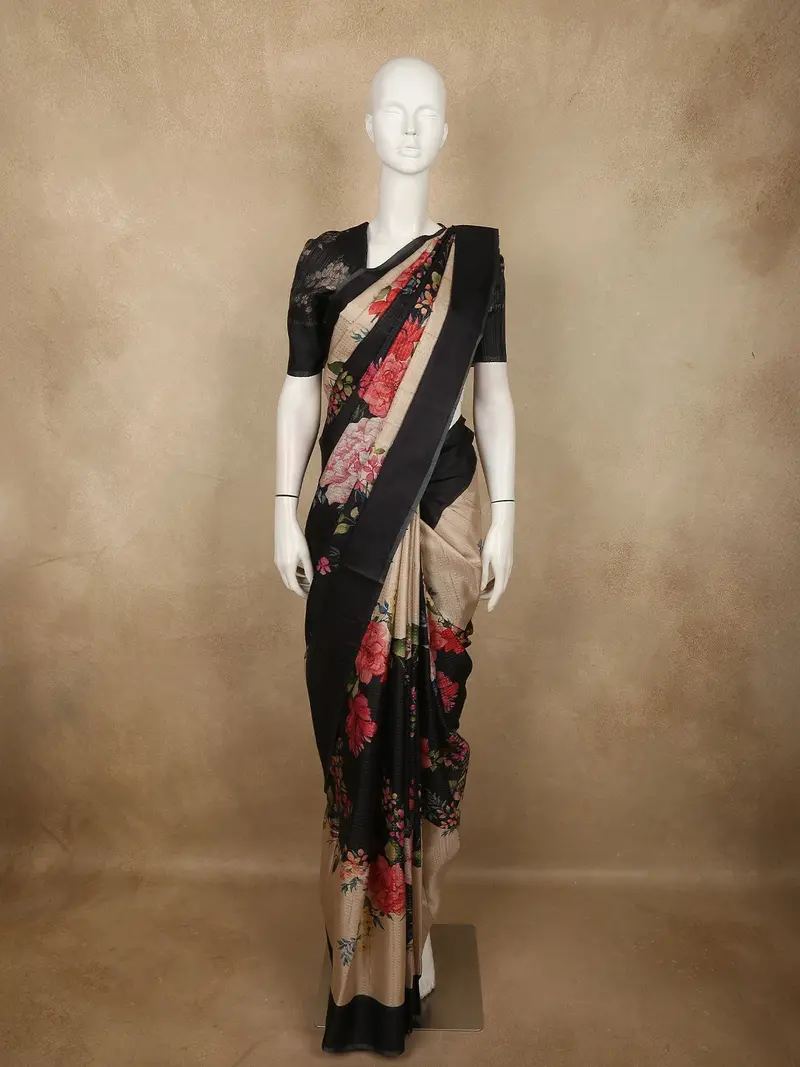 Classic Ivory Beige Floral Printed Design Semi Tussar Saree 1