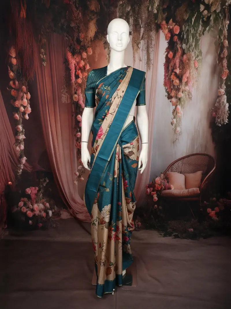 Classic Ivory Beige Floral Printed Design Semi Tussar Saree With Contrast Border 1