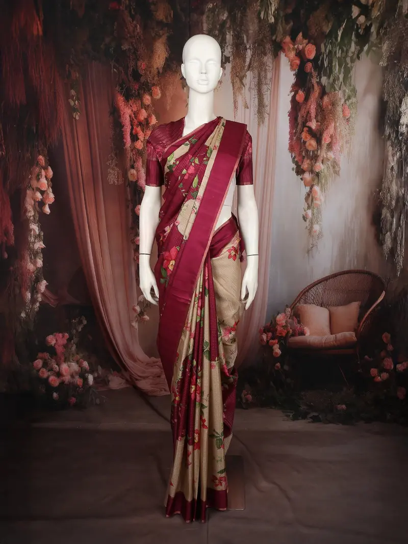 Classic Ivory Beige Floral Printed Design Semi Tussar Saree With Contrast Border 1