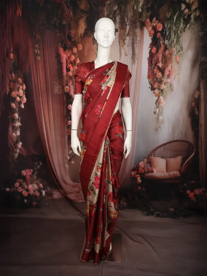 Classic Ivory Beige Floral Printed Design Semi Tussar Saree With Contrast Border 1