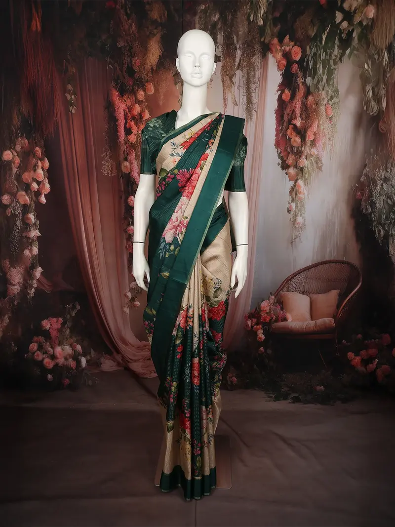 Classic Ivory Beige Floral Printed Design Semi Tussar Saree With Contrast Border 1