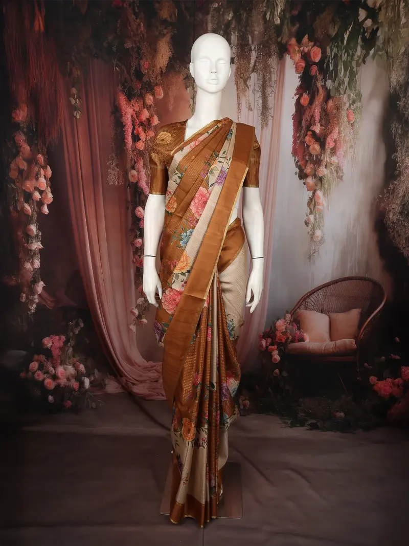 Classic Ivory Beige Floral Printed Design Semi Tussar Saree With Contrast Border 1