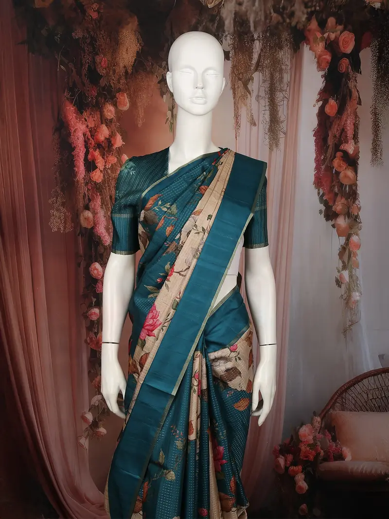 Classic Ivory Beige Floral Printed Design Semi Tussar Saree With Contrast Border 2