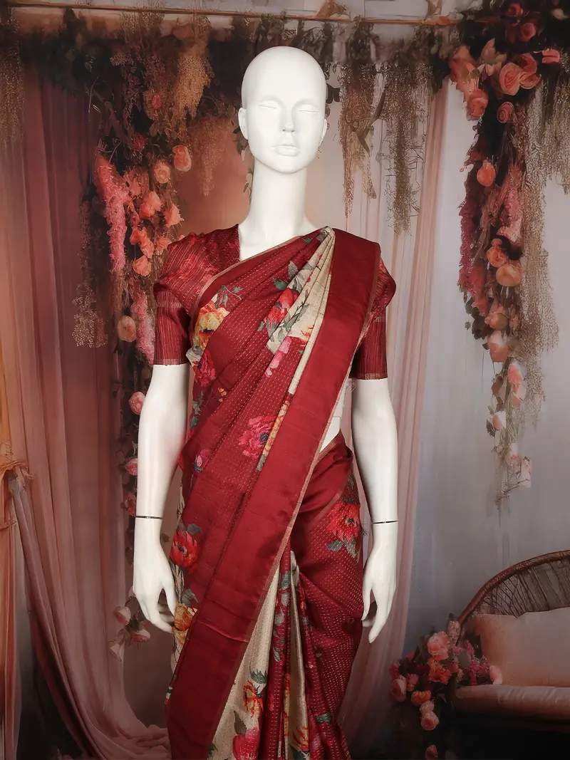 Classic Ivory Beige Floral Printed Design Semi Tussar Saree With Contrast Border 2