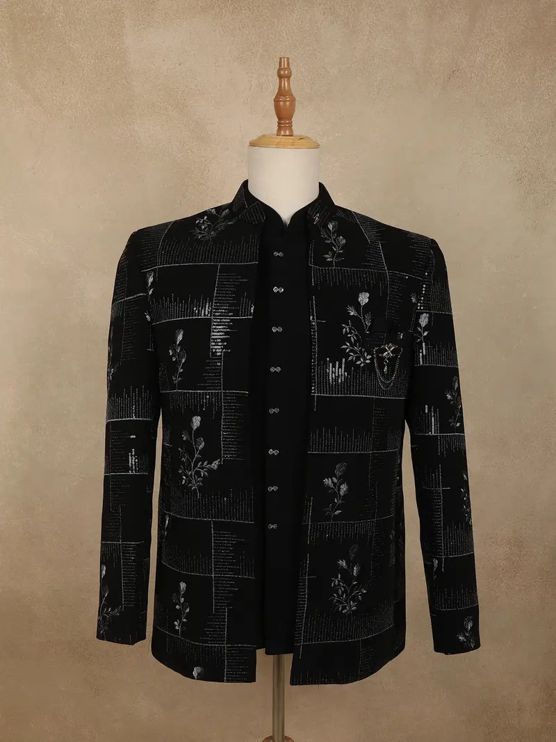 Classic Jet Black Abstract Geometric Sequins Embroidered Design Jacquard Men's Suit 1