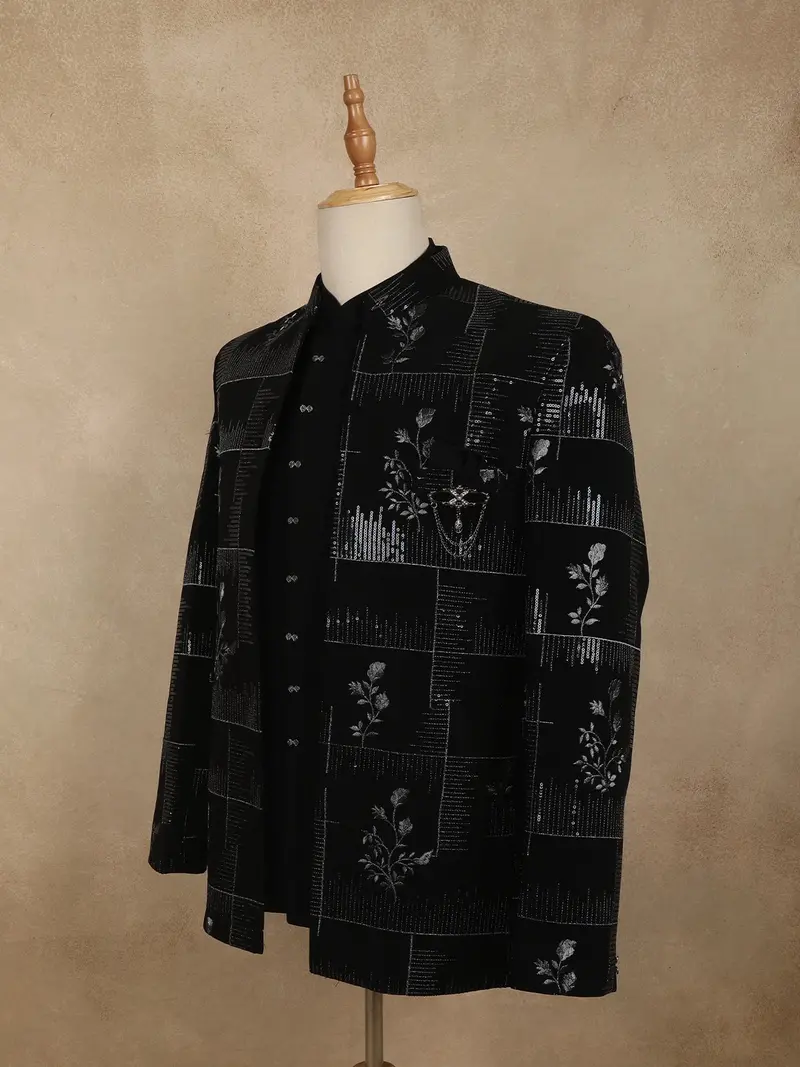 Classic Jet Black Abstract Geometric Sequins Embroidered Design Jacquard Men's Suit 2