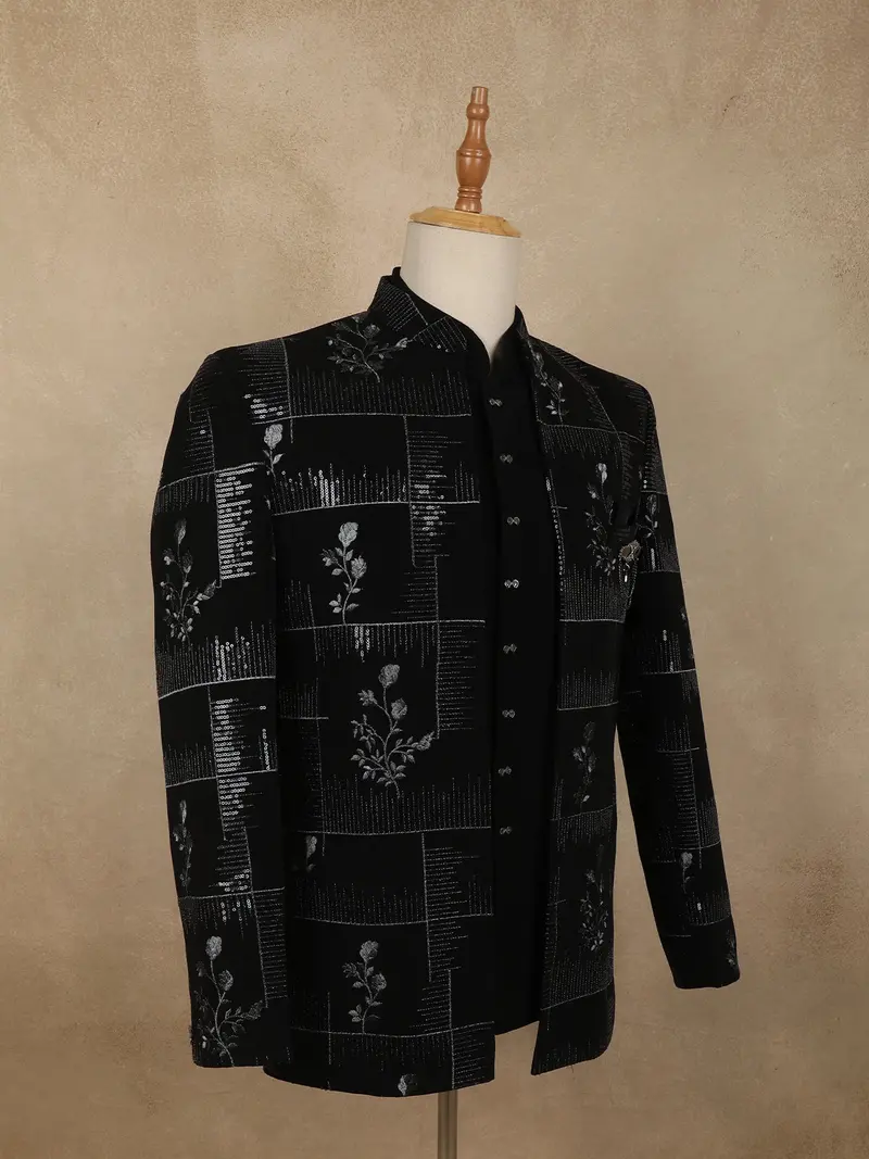 Classic Jet Black Abstract Geometric Sequins Embroidered Design Jacquard Men's Suit 3