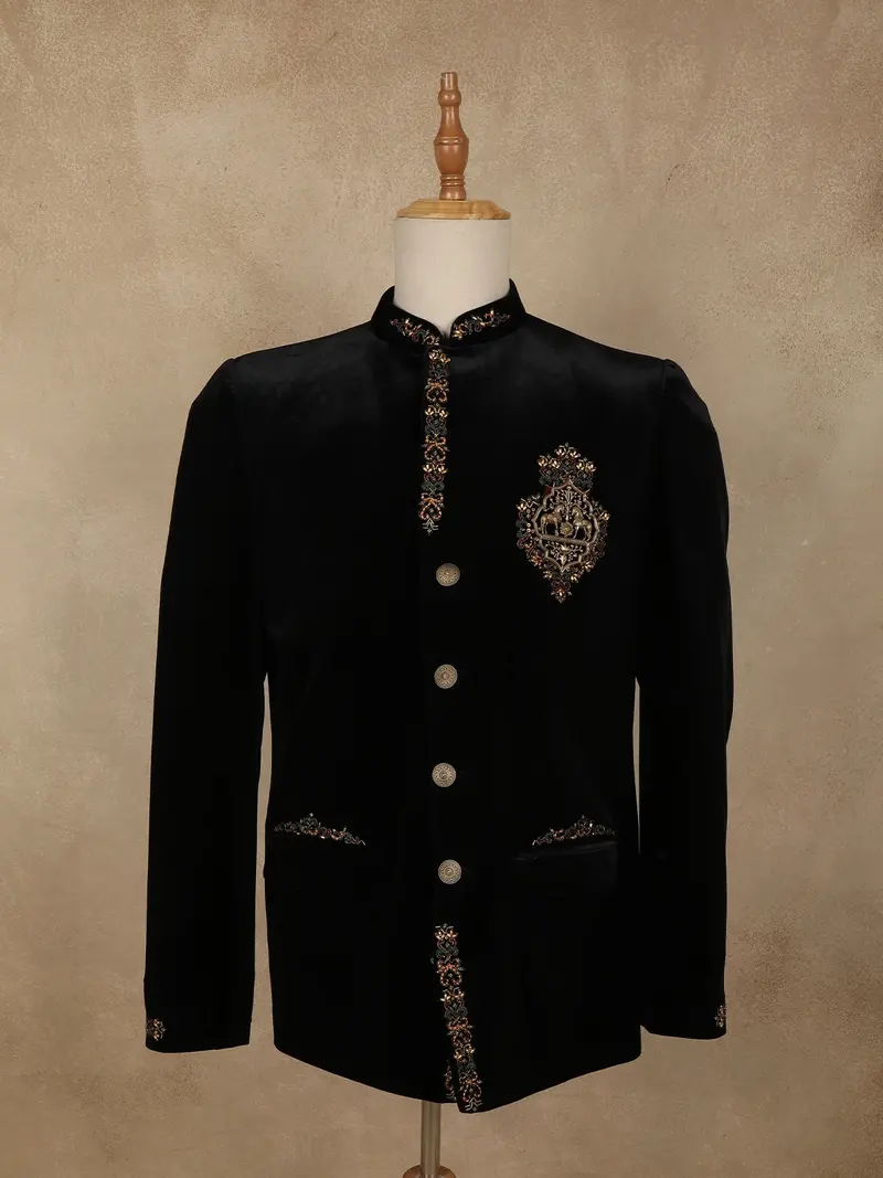 Classic Jet Black Antique Gold And Deep Teal Accents Design Velvet Men's Suit 1