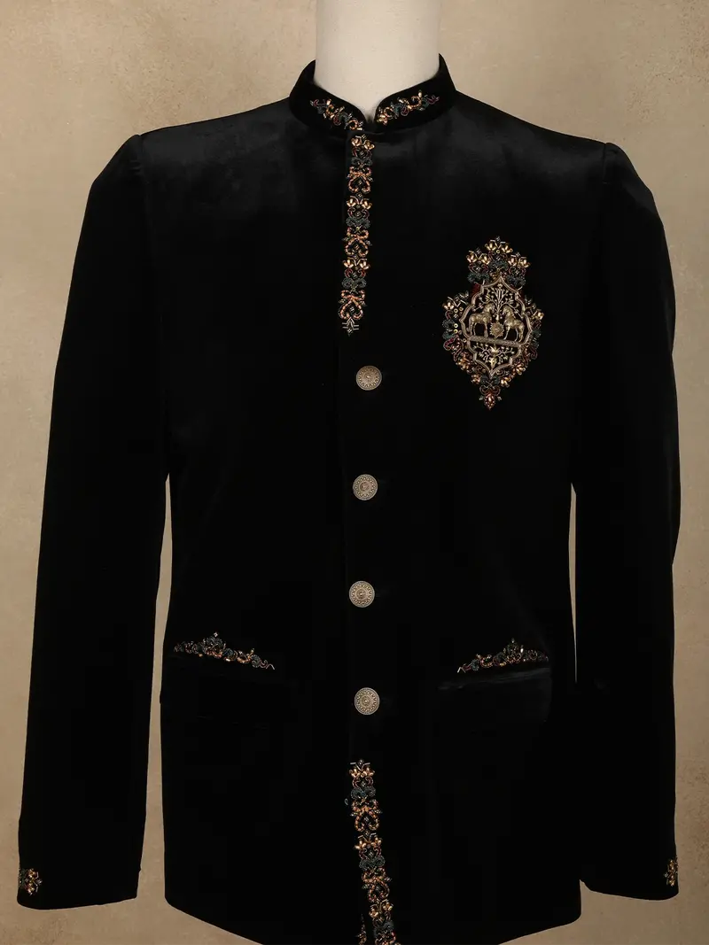Classic Jet Black Antique Gold And Deep Teal Accents Design Velvet Men's Suit 2