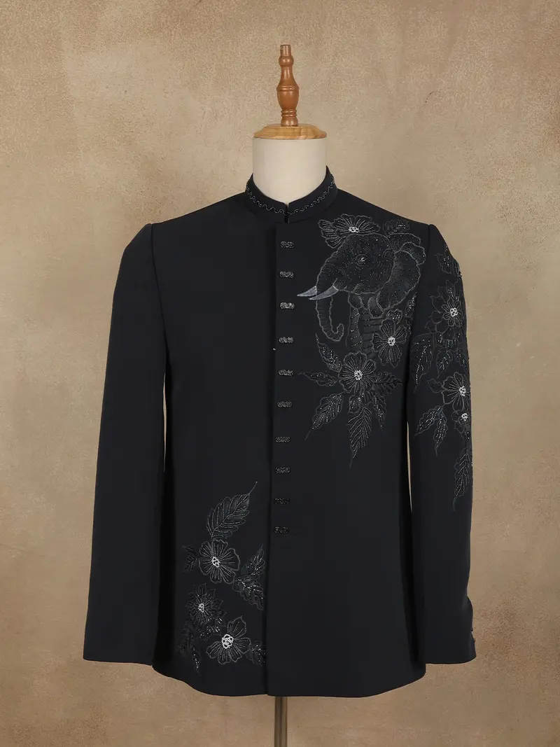 Classic Jet Black Elephant And Floral Beads Embroidered Design Polynosic Men's Suit 1