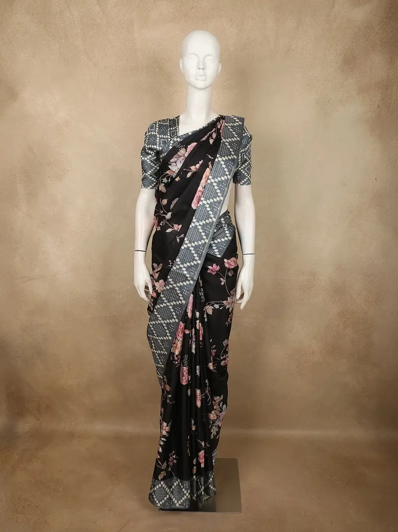 Classic Jet Black Floral Printed Design Semi Tussar Saree With Contrast Border 1