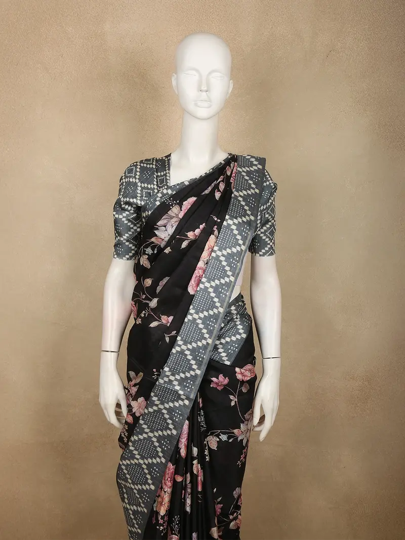 Classic Jet Black Floral Printed Design Semi Tussar Saree With Contrast Border 2