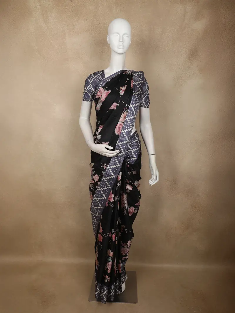 Classic Jet Black Floral Printed Design Semi Tussar Saree With Contrast Dusty Lavender Border 1