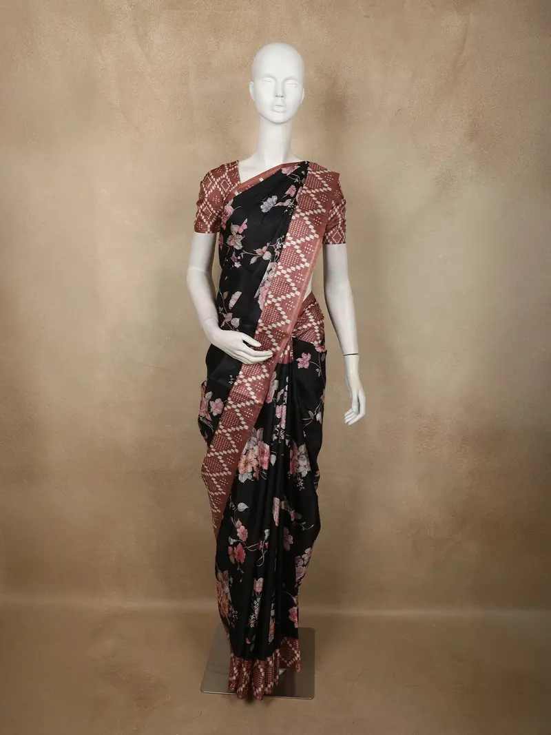 Classic Jet Black Floral Printed Design Semi Tussar Saree With Contrast Dusty Rose Border 1