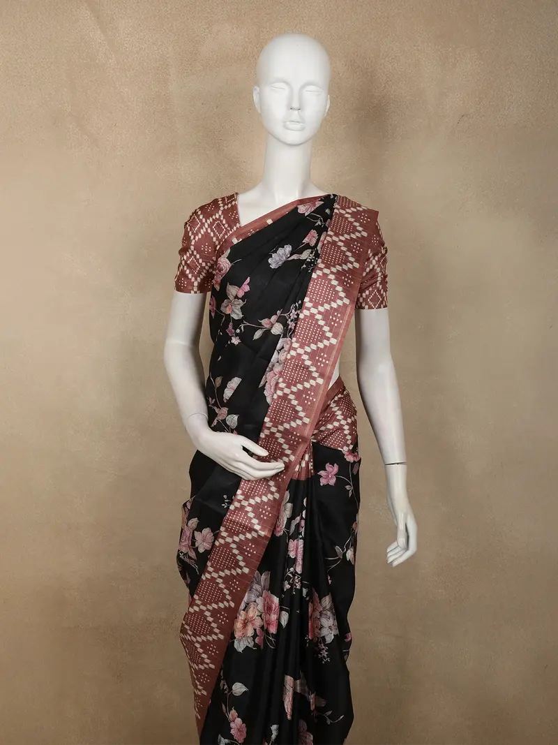 Classic Jet Black Floral Printed Design Semi Tussar Saree With Contrast Dusty Rose Border 2